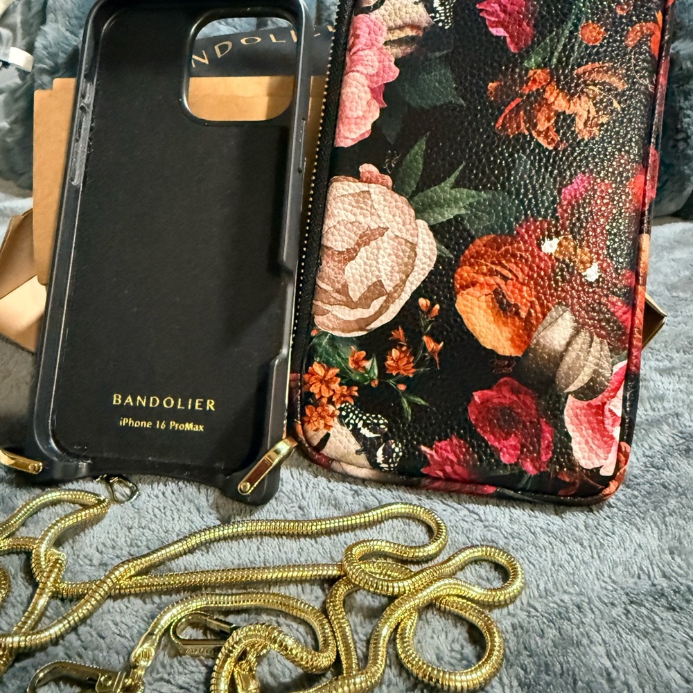 Bandolier Floral Black Wallet Phone Case with Gold Chain 16 Pro Max